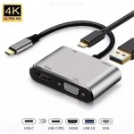 USB Type-C Hub 4-in-1 USB C Adapter to USB3.0 HDMI 4Kx2K VGA USB-C PD Charging Port